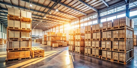Soft natural light on rows of neatly labelled boxes and rustic wooden pallets in a quaint warehouse embodies warmth and down-to-earth approachability for a local logistics manager