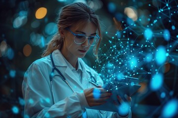 Medicine doctor write electronic medical record on tablet DNA Digital healthcare and network connection on hologram modern virtual screen interface, medical insurance, technology and network