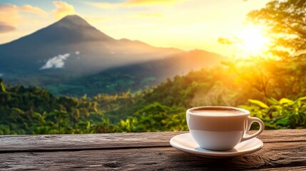 Coffee Cup on Wooden Table with Mountain View and Sunrise