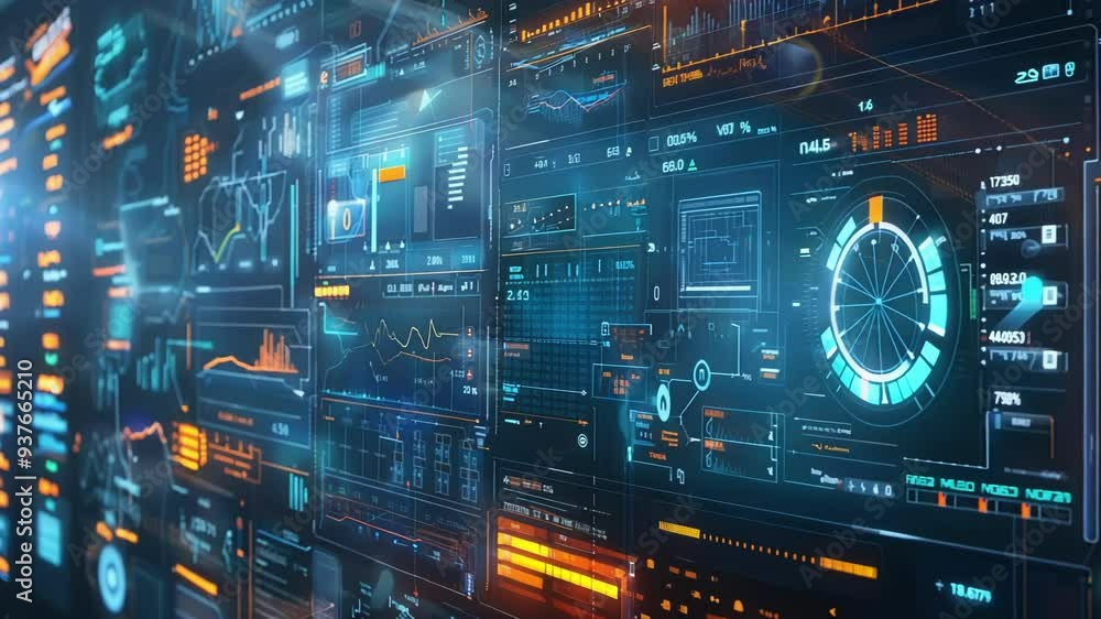 Poster futuristic digital display is illuminated, showcasing a complex network of data visualizations, char