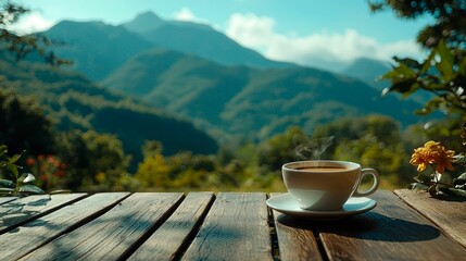A steaming cup of coffee on a wooden table with a mountain view