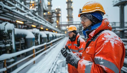 Industrial Workers Overlooking Refinery Plant in Snowfall