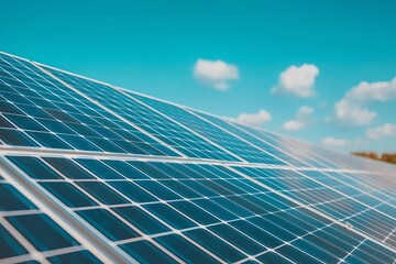Capture a high-angle perspective of a solar panel field shimmering under a clear blue sky, emphasizing its eco-friendly essence in a digital format