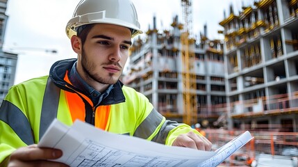 Male Construction Worker Reviewing Blueprints on Busy Building Site