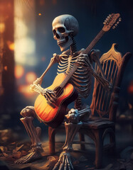 Halloween skeleton guitar playing in moody, spooky background.