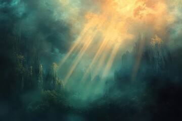 Naklejka premium Golden Rays of Light Illuminating a Foggy Mountain Landscape