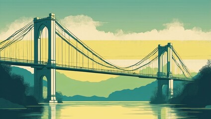 An illustration of a suspension bridge stretching across a river in a minimalist screen print