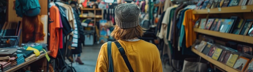 Obraz premium A woman in a yellow shirt and grey beanie walks through a crowded marketplace, past clothing racks and shelves of books.