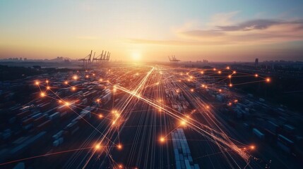Aerial view of a container port with glowing lines connecting the containers, representing the flow of goods and data.
