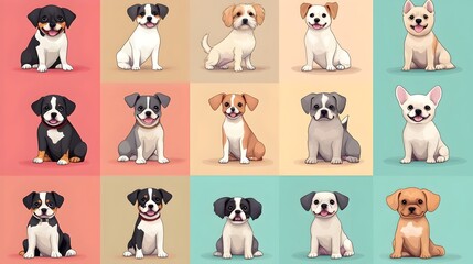 Fototapeta premium Diverse Cartoon Style Puppy Portraits on Pastel Background