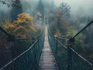 Fototapeta premium A misty autumn morning on a suspended bridge surrounded by vibrant foliage in a tranquil forest
