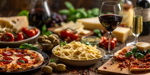 Italian food dishes on dark background. Traditional italian cuisine concept. Dishes and appetizers of indeed cuisine. Mideterranean diet high in vitamin and antioxidants. Ai generative