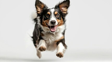 A Tricolor Border Collie Leaping in Mid-Air