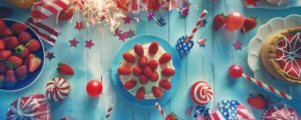 Fototapeta premium Festive Fourth of July dessert table with a strawberry cake, strawberries and red, white and blue decorations.
