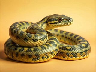 Fototapeta premium A snake is curled up on a yellow background