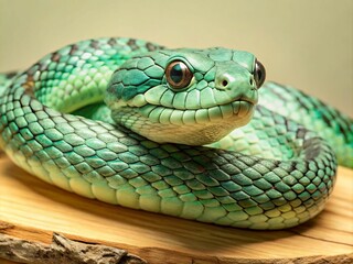 Obraz premium A green snake is laying on a wooden surface