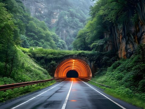 A serene mountain road leads to a glowing tunnel entrance surrounded by lush greenery on a misty morning