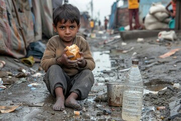 An Indian child sits on the ground with bread in his hands in a densely populated poor area, next to a plastic bottle with muddy water. The problem of poverty, hunger and drinking water shortage.