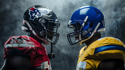 Fototapeta premium Two american football players with helmets standing opposite.