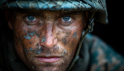 Intense Gaze of a Mud-Splattered Military Soldier