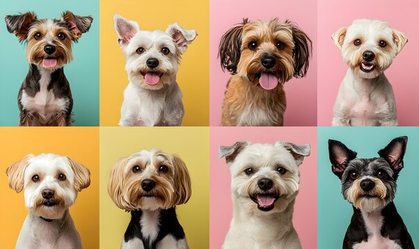 Colorful Magazine Style Portraits of Various Worldwide Dog Breeds on Pastel Backgrounds