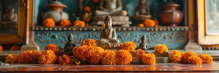 Fototapeta premium Buddha Statues with Marigold Flowers.