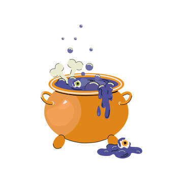 recommend clip art: A cauldron of boiling witch's potion, bones and eyes. Isolated on a white background. Vector illustration for Halloween.