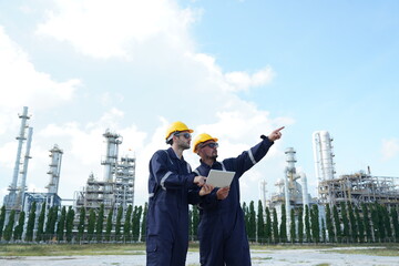 Two Male Engineers In Uniform walk and talk and discuss work together. Check Gas Leakage Pipe System and Maintenance System Training Oil Refinery at Column Tank Oil of Petrochemistry Industry.