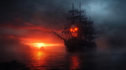 Naklejka premium A ghostly pirate ship with a menacing, glowing skull at the bow sails through a foggy sea at sunset, creating a terrifying and dramatic scene.