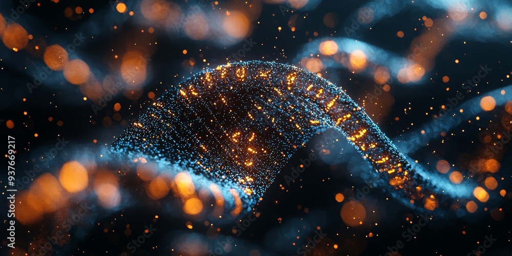 Poster abstract digital dna helix with glowing particles and bokeh effect in a futuristic biotech concept