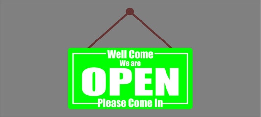 Welcome and Open signboard of the coffee shop that hanging inside the glass window with some reflection. Sign and symbol for business place. Vector Illustration.