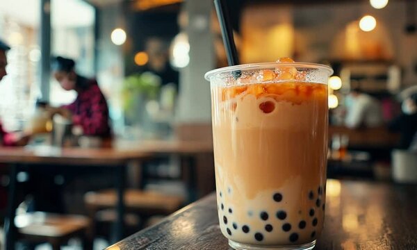 A Glass of Boba Tea on a Cafe Table