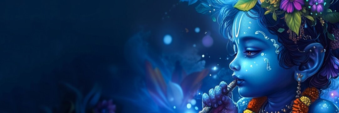  Portrait of baby Hindu god Lord Krishna. Banner for Krishna Janmashtami, Govardhan Puja, Vishu Kani. Greeting card for Indian religious festival. Closeup, copy space.