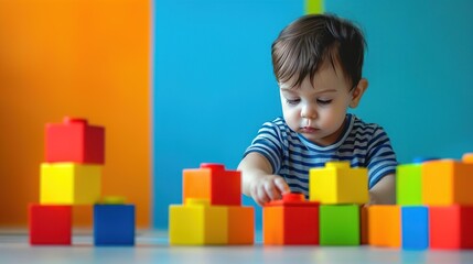 A young boy plays with colorful toy blocks on a white table in front of a blue and orange wall.