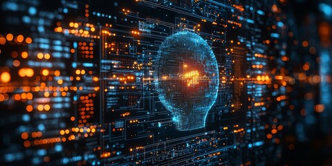 Obraz premium Futuristic Digital Brain Interface with Glowing Data Streams and Circuitry in a High-Tech Environment