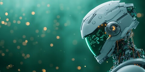 Futuristic Robot with Advanced Technology Helmet in a Green Bokeh Background