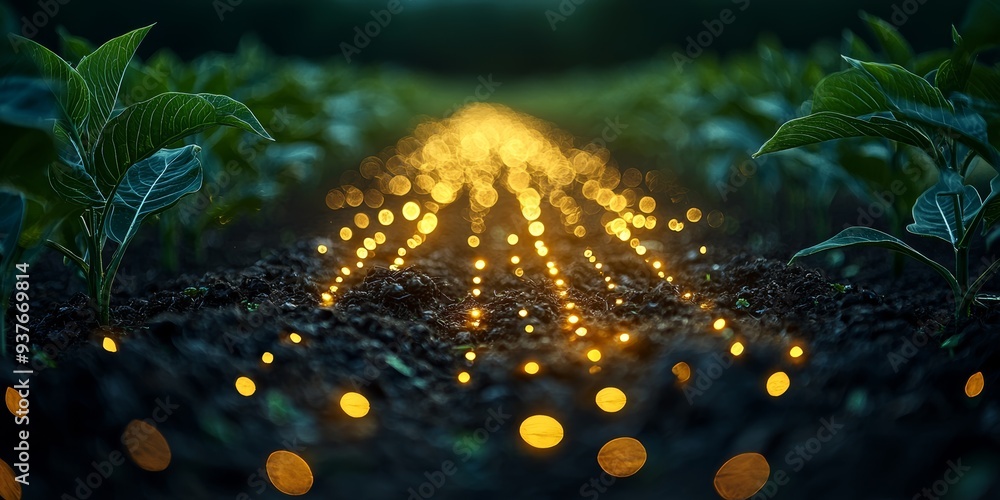 Aufkleber glowing pathway of lights in a lush green field at dusk with bokeh effect