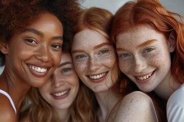 Diverse female friends smiling together in close up portrait.