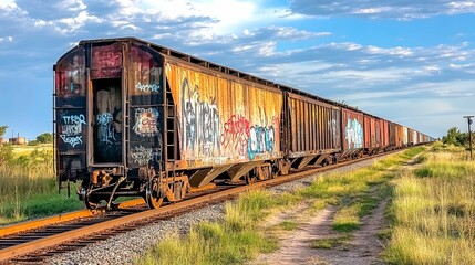 Fototapeta premium Graffiti-Covered Freight Train Cars Parked on Tracks