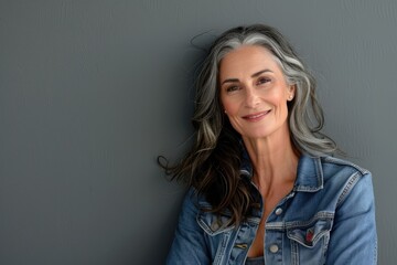 Fototapeta premium Stylish mature woman smiling in studio with denim jacket.