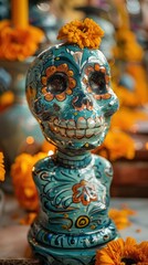 Sugar Skull Decoration with Flowers.