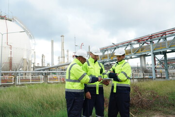 Male engineer in uniform holding tablet checking gas leakage pipe system and maintenance system and training oil refinery at column tank oil of Petrochemistry industry