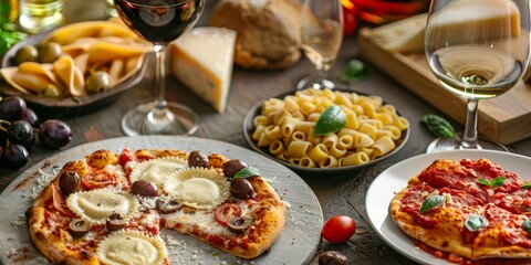 Italian food dishes on dark background. Traditional italian cuisine concept. Dishes and appetizers of indeed cuisine. Mideterranean diet high in vitamin and antioxidants. Ai generative