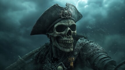 Obraz premium A skeletal pirate captain with a weathered tricorn hat stares ominously, shrouded in mist and darkness under stormy skies.