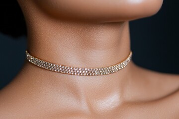 Elegant gold and diamond choker gracefully adorns a perfect neck against a dark backdrop