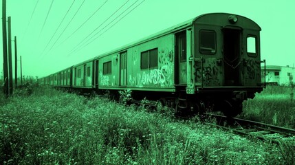 Obraz premium Abandoned Train Car with Graffiti in Green-Toned Landscape