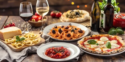 Italian food dishes on dark background. Traditional italian cuisine concept. Dishes and appetizers of indeed cuisine. Mideterranean diet high in vitamin and antioxidants. Ai generative