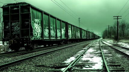 Fototapeta premium A Train Car on a Snowy Railroad Track in a Green Tinted World