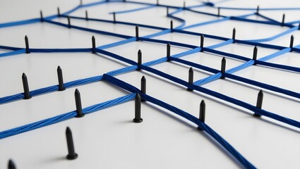 Abstract network of blue threads and black pins on white surface