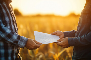 Farmers exchanging documents in a field at sunset, discussing agricultural business, rural contract agreement, handshake deal